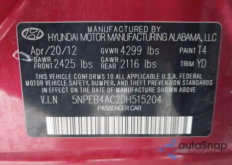 2013 Hyundai Sonata Gls z USA, uszkodzony, nr VIN 5NPEB4AC2DH515204